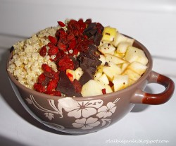quinoa z domowym mlekiem z orzechów laskowych, jabłkiem, jagodami goji i gorzką czekoladą