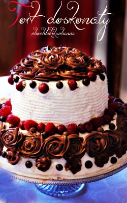 tort dwupietrowy z malinami, wisniami i czekolada